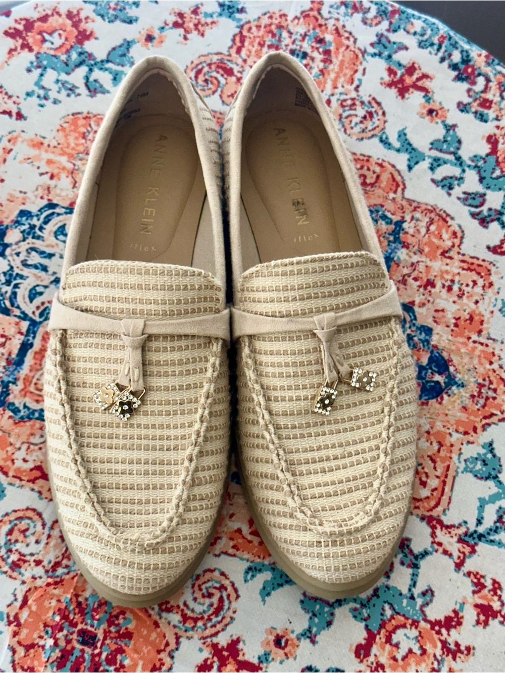 Anne Klein Cream Woven Tassel Loafers